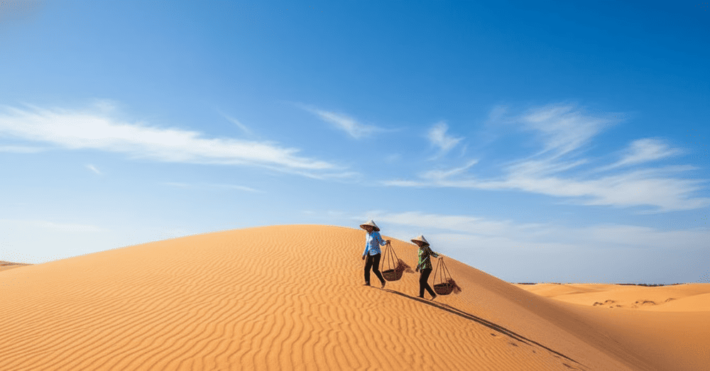 Những đồi cát ở Mũi Né mang vẻ đẹp siêu thực với bờ cát óng ả trải dài dưới màu trời xanh ngắt